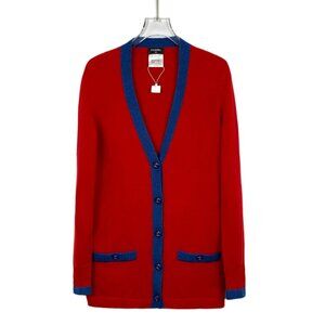 Chanel Red & Blue Wool Cashmere Womens Cardigan Sweater